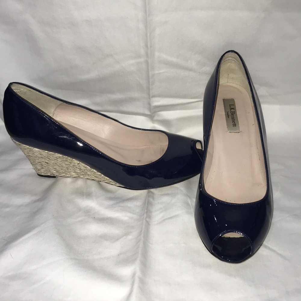 L.K. Bennet Navy Patent Peep Toe Wedge Size 39.5